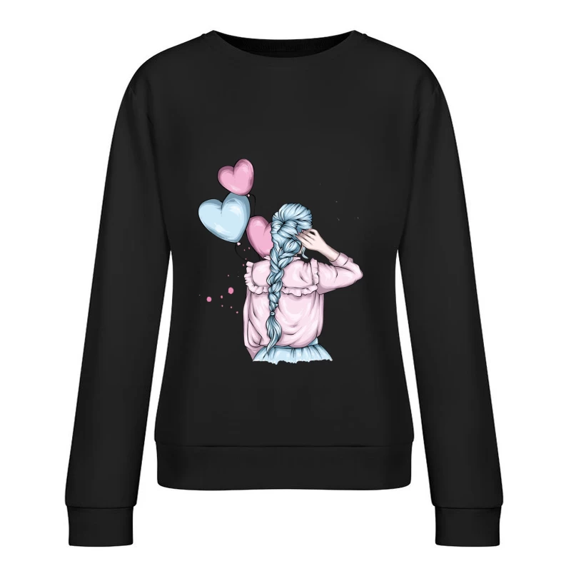 Cute Girl with Blue Hair and Balloons Female Pullover Sweatshirt