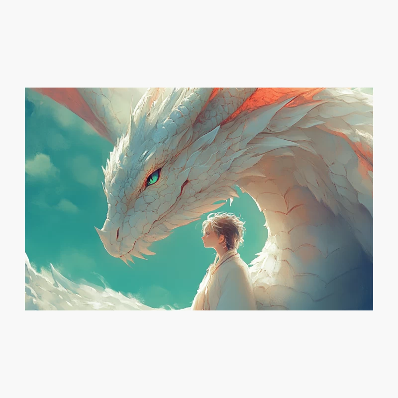 Ethereal Encounter: Boy Meets Mythical Dragon in Cloudy Realm Travel Mug