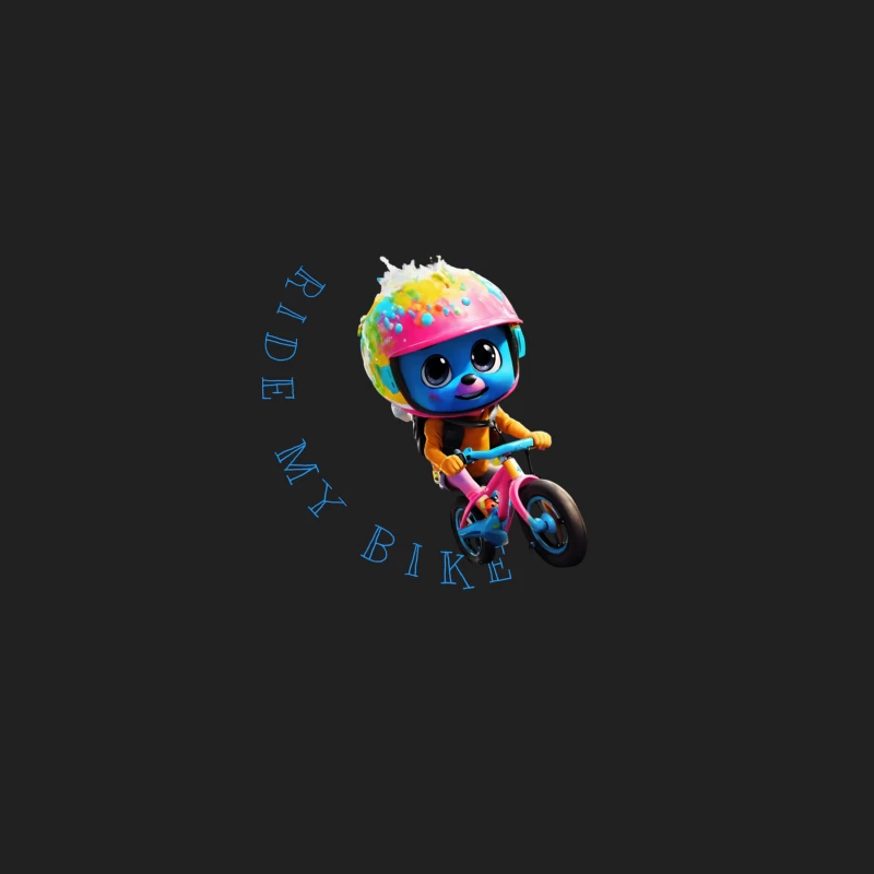 Cute Blue Animated Character Riding Colorful Bike with Safety Helmet Bucket Hat