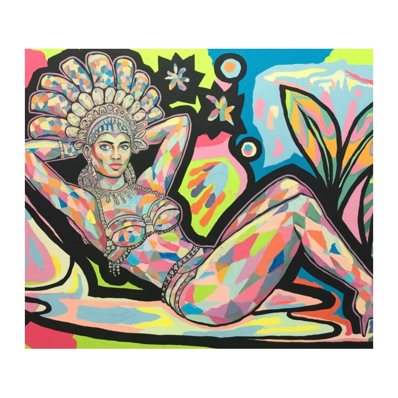 Vibrant Abstract Figure with Headdress in Pop Art Style Tapestry