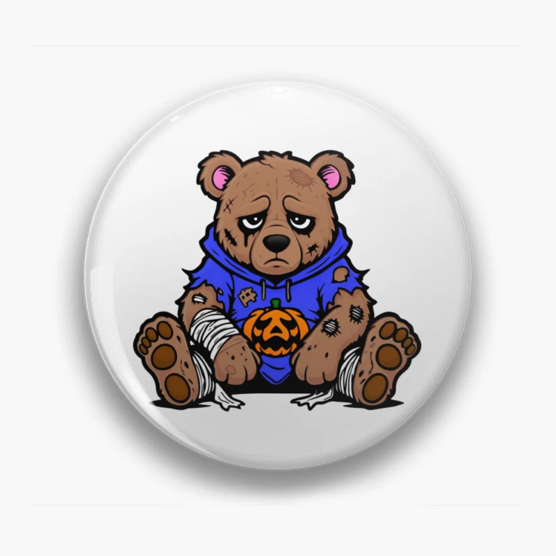 Sad Injured Teddy Bear in Blue Hoodie with Halloween Pumpkin Pin