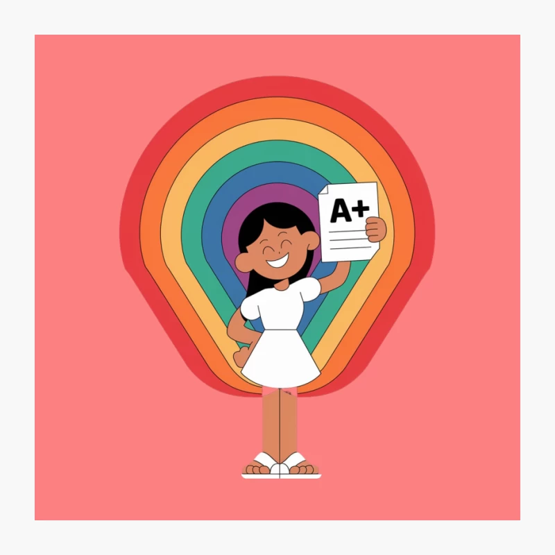 Joyful Student Celebrating A+ Grade Against Rainbow Background Pin