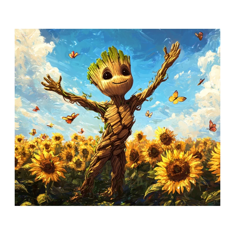 Joyful Groot Dancing Among Sunflowers and Butterflies Tapestry