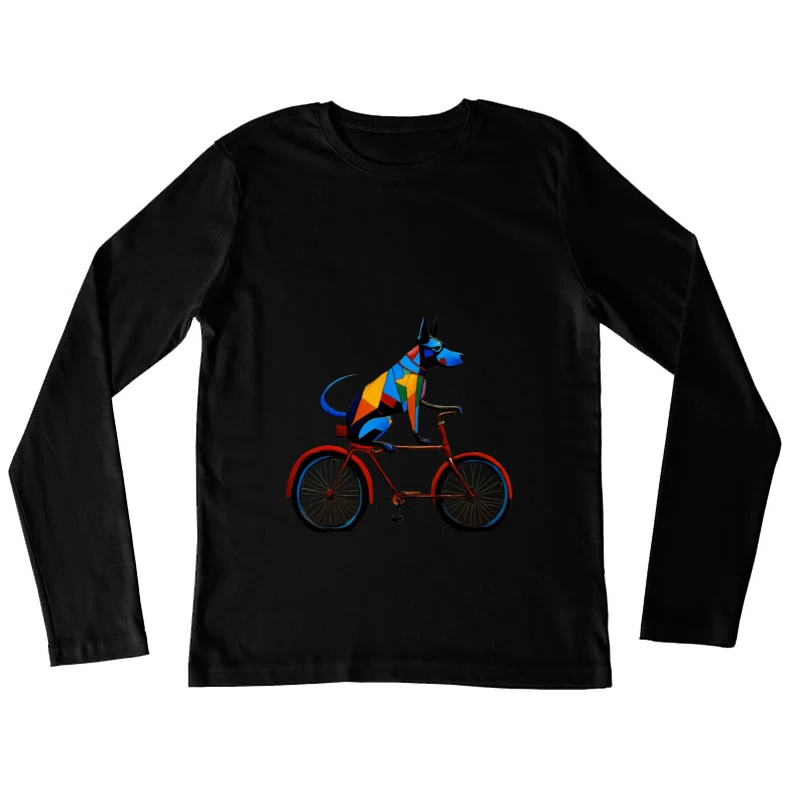 Geometric Colorful Dog Riding Red Bicycle Art Female Long Sleeve T-Shirt