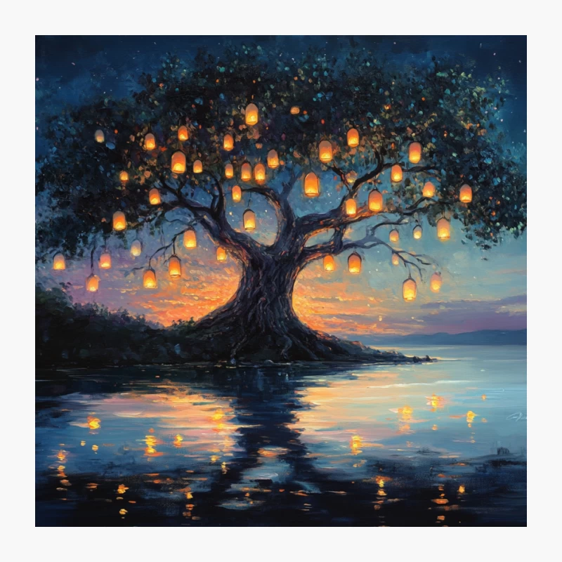 Magical Tree of Glowing Lanterns Reflected in Tranquil Waters Pin