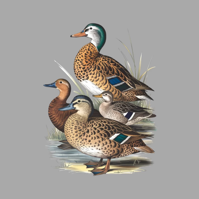 Detailed Illustration of Various Duck Species in Natural Habitat Male Pullover Hoodie