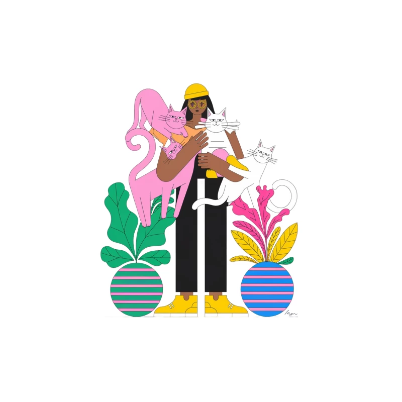 Colorful Modern Illustration of Cat Lover with Houseplants Tapestry
