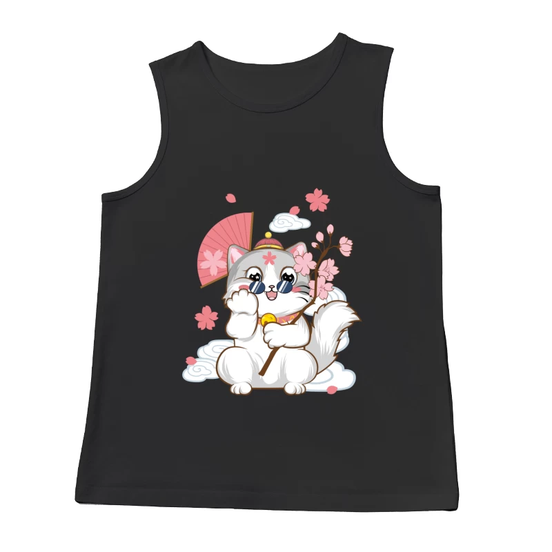 Niedliche Katze mit Kirschblüten und Fächer Herren Tanktops