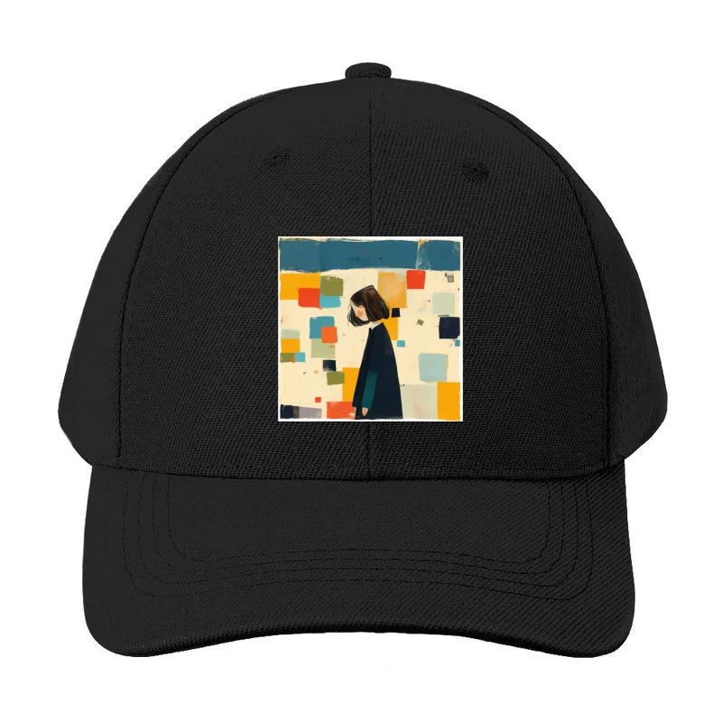 Minimalist Illustration of Figure in Black Coat Against Colorful Abstract Squares Baseball Cap