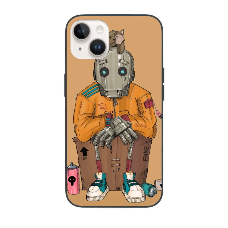 Urban Robot with Cat in Street Art Style iPhone Case