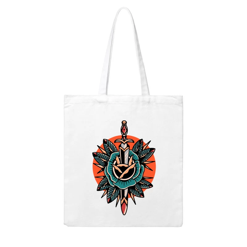 Decorative Sword and Rose Illustration Cotton Tote Bag