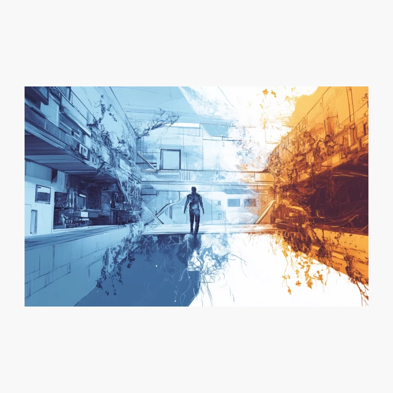 Reflective Duality in a Futuristic Urban Landscape Travel Mug