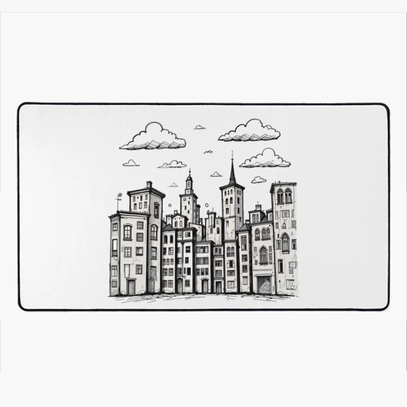 Stylized Black and White Cityscape Illustration Desk Mat