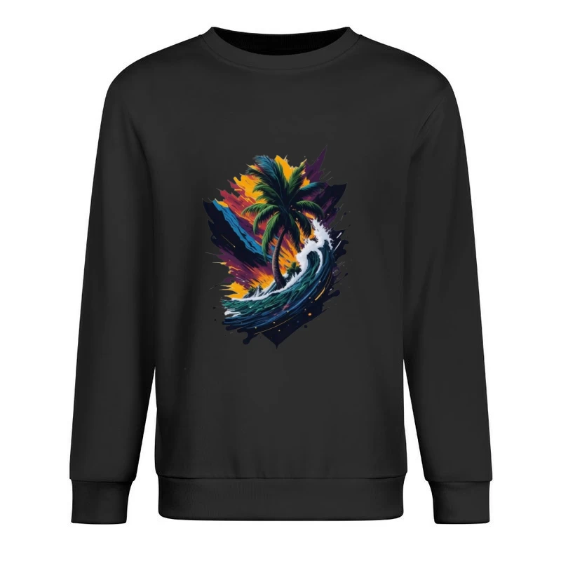 Tropical Sunset with Palm Tree and Ocean Waves Male Pullover Sweatshirt