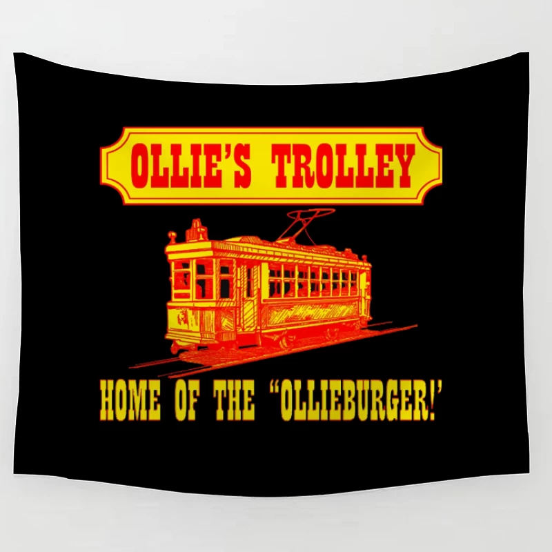 Vintage Ollie's Trolley Restaurant Logo with Classic Streetcar Design Tapestry