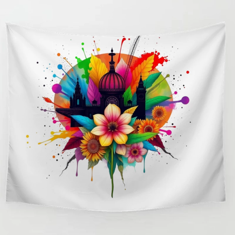 Vibrant Cathedral Silhouette with Rainbow Floral Splash Tapestry