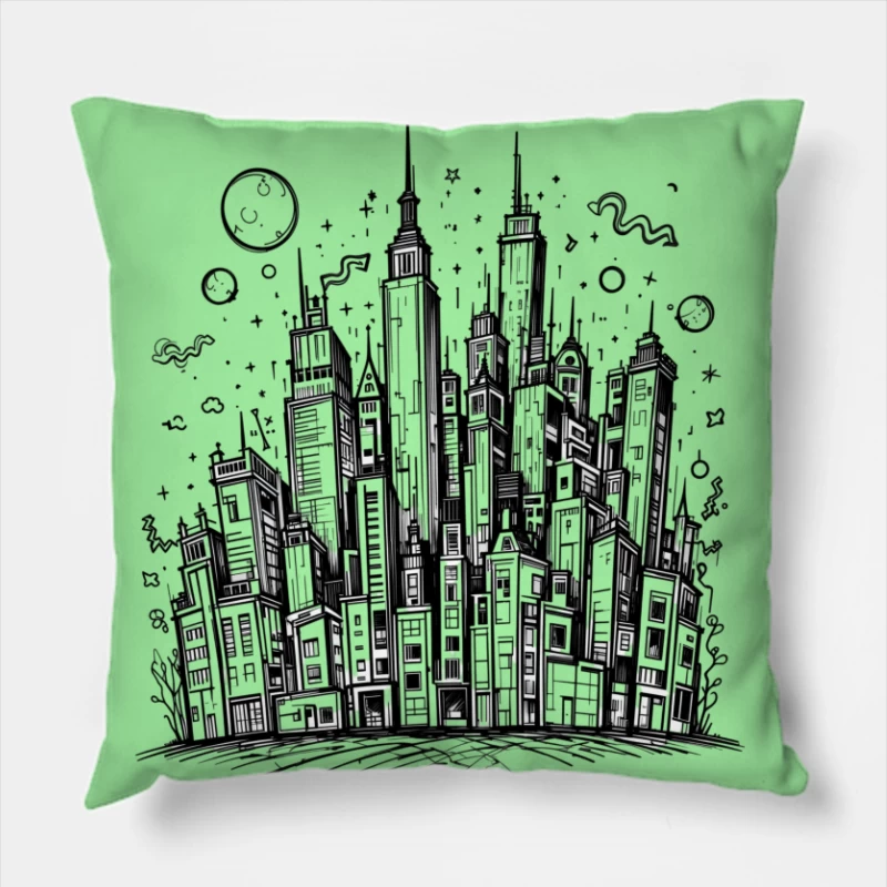 Urban Black and White Cityscape Illustration Throw Pillow