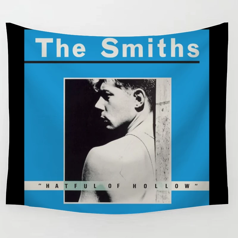 The Smiths "Hatful of Hollow" Album Cover with Black and White Portrait on Blue Background Tapestry