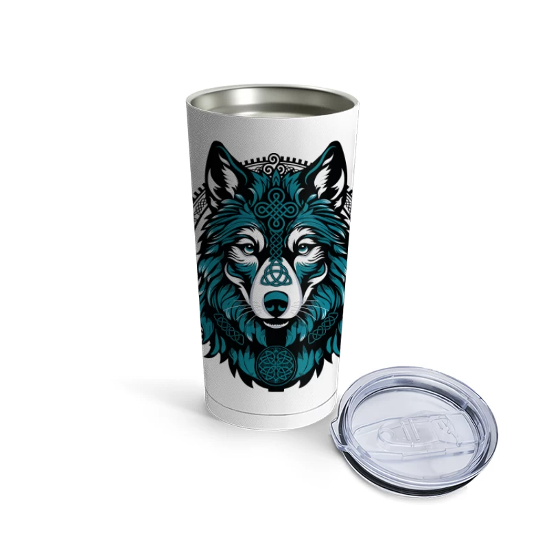 Majestic Celtic Wolf – Teal Knotwork Design Travel Mug