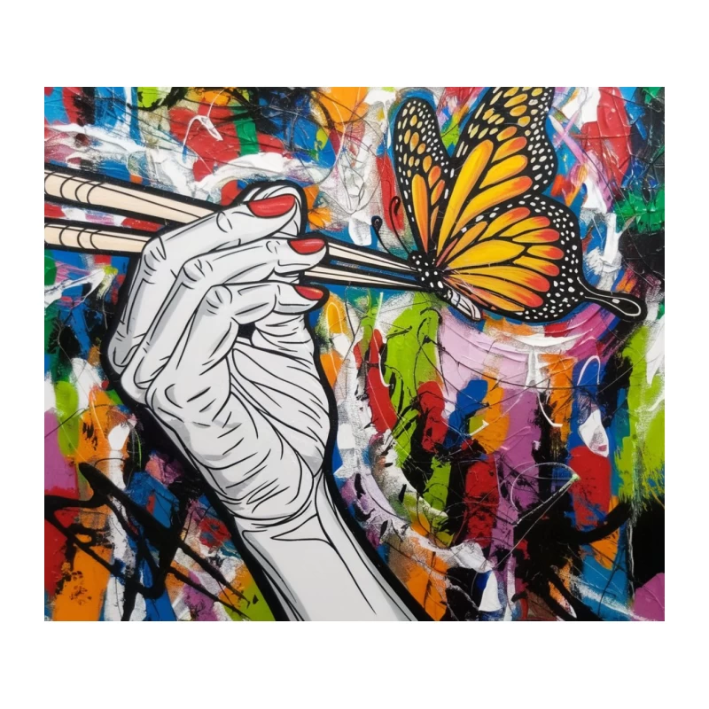 Vibrant Street Art: Hand and Butterfly Amidst Abstract Graffiti Tapestry