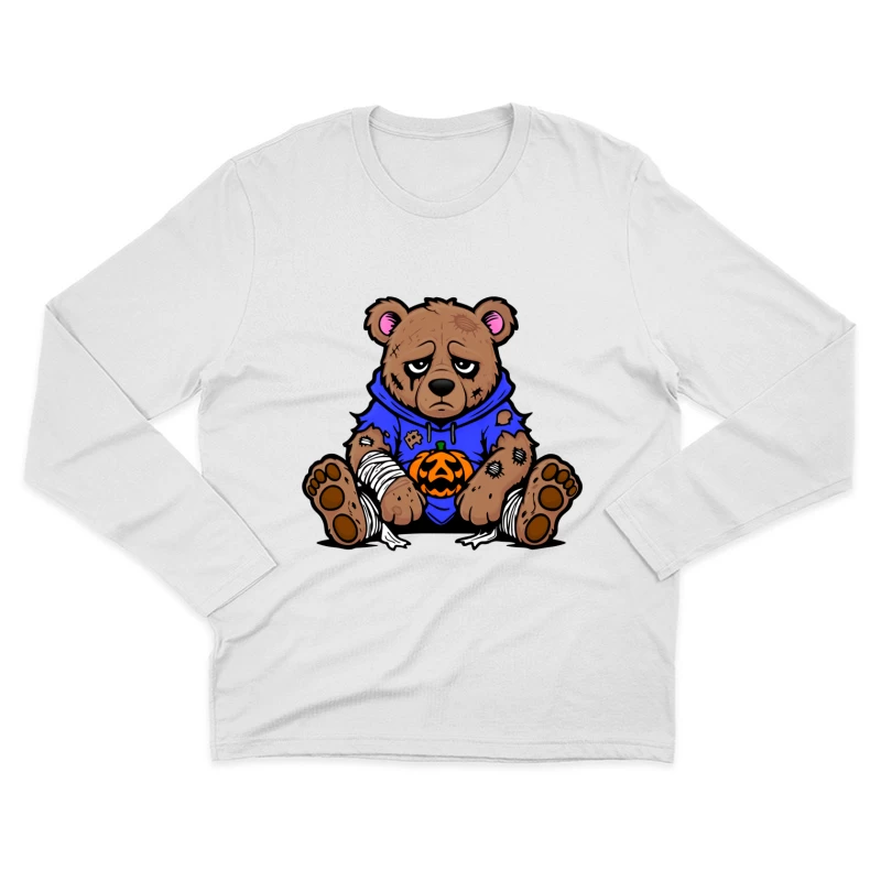 Sad Injured Teddy Bear in Blue Hoodie with Halloween Pumpkin Male Long Sleeve T-Shirt