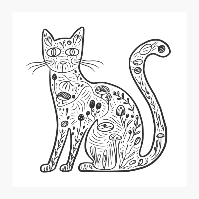 Whimsical Floral Cat: Nature-Inspired Line Drawing Pin