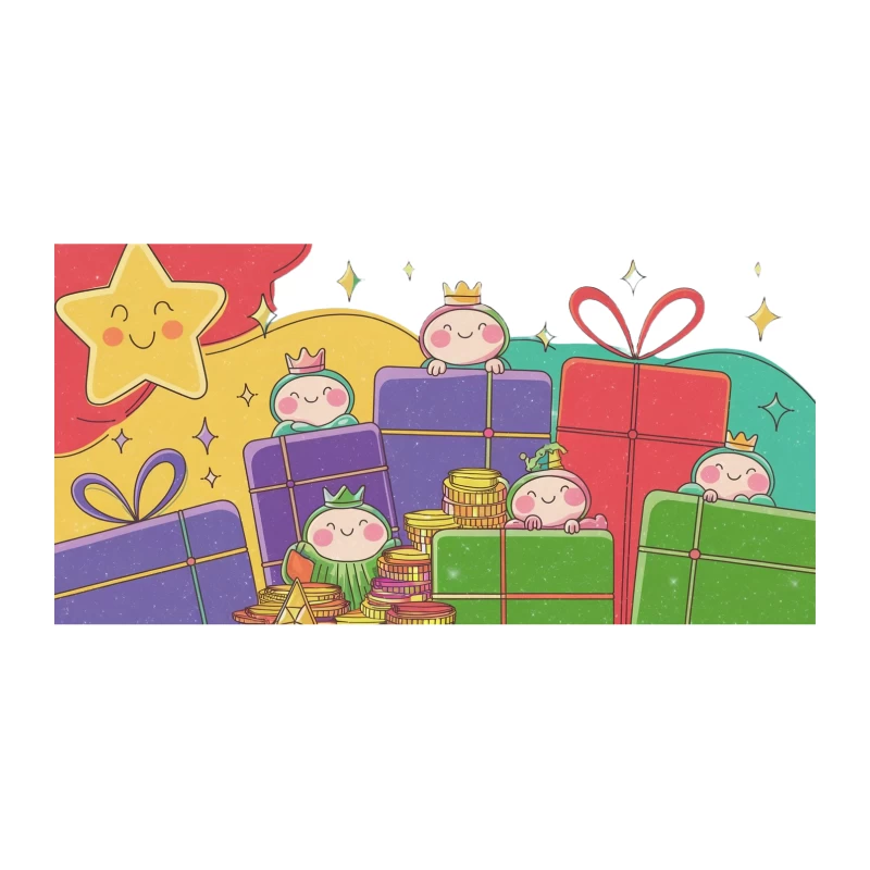 Cute Cartoon Characters Celebrate with Festive Gifts and Stars Tapestry