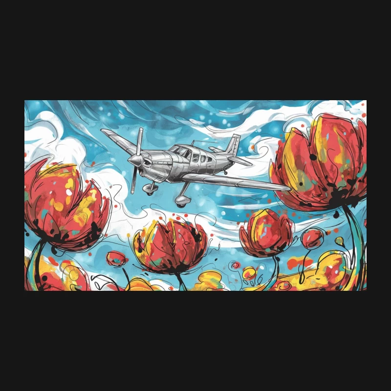 Surreal Airplane Flight Over Vibrant Floral Landscape Desk Mat