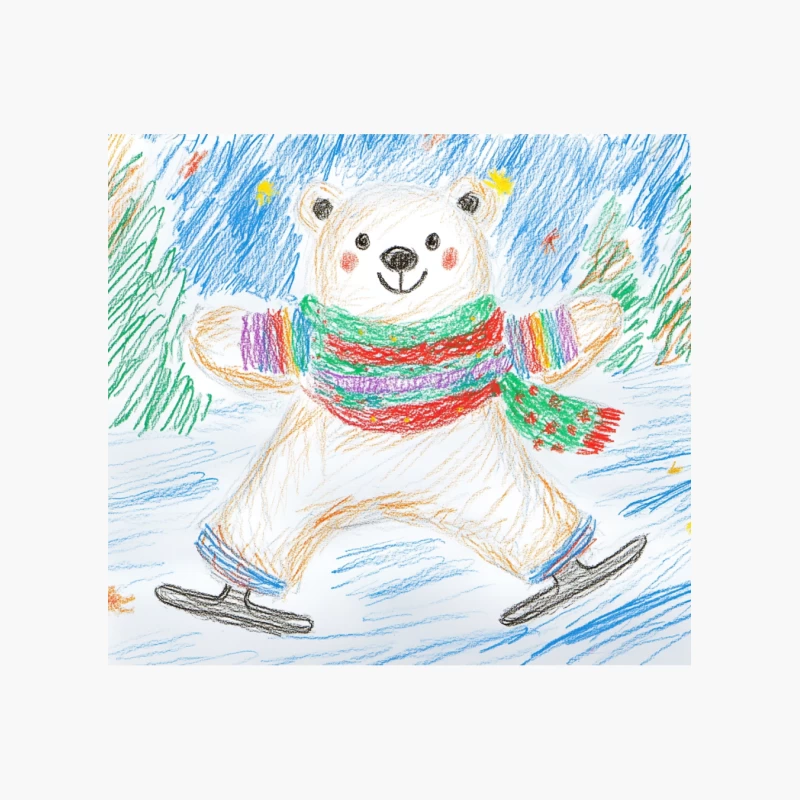 Cheerful Ice Skating Polar Bear in Colorful Winter Attire - Children's Crayon Drawing Cotton Tote Bag