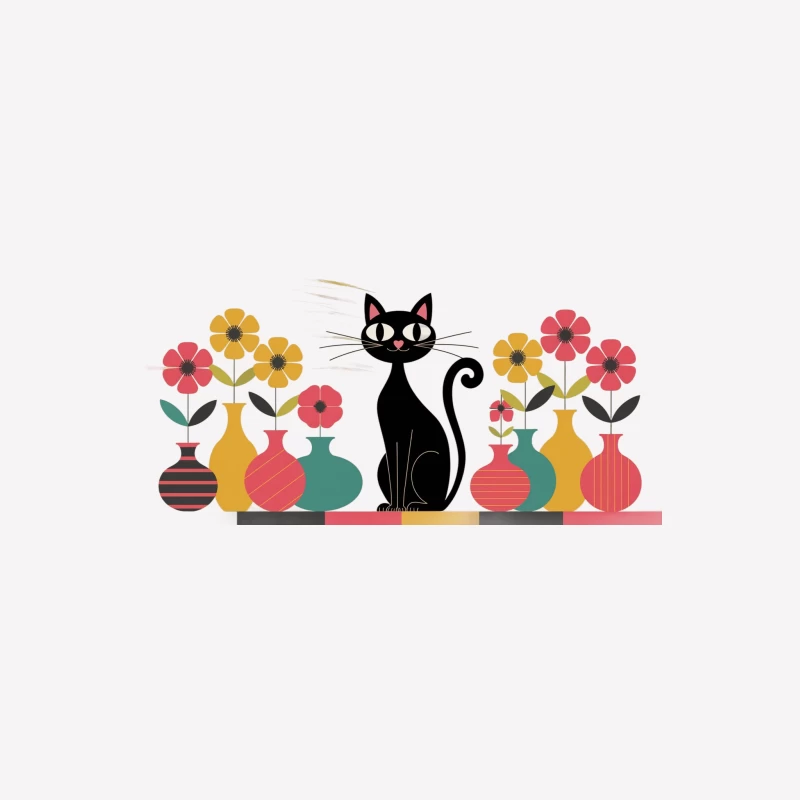 Retro Cat and Flowers: Mid-Century Modern Illustration Female T-Shirt