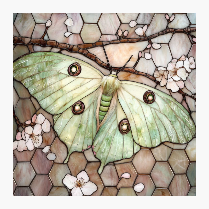 Luna Moth with Cherry Blossoms in Stained Glass Mosaic Pin
