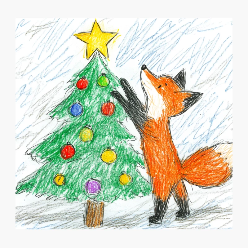 Curious Fox Admiring Christmas Tree Drawing Throw Pillow