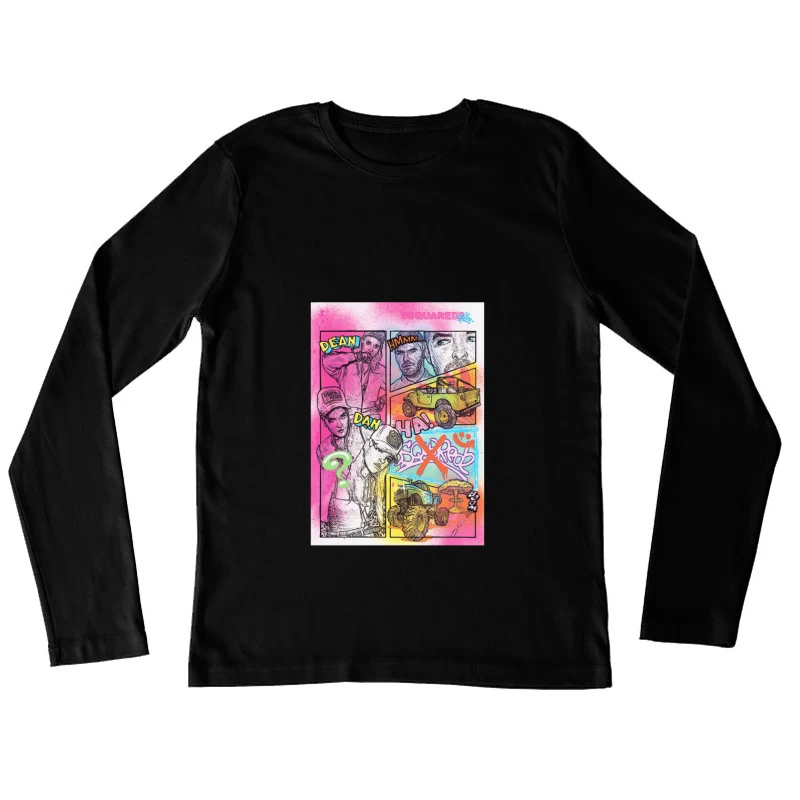 Bunte Comic-Collage mit Fahrzeugen und Figuren Damen Langarm T-Shirt