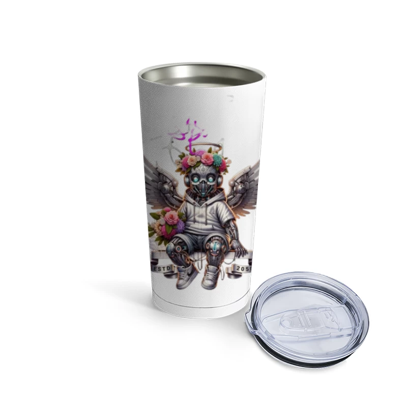 Angelic Steampunk Robot with Floral Crown and Wings Travel Mug