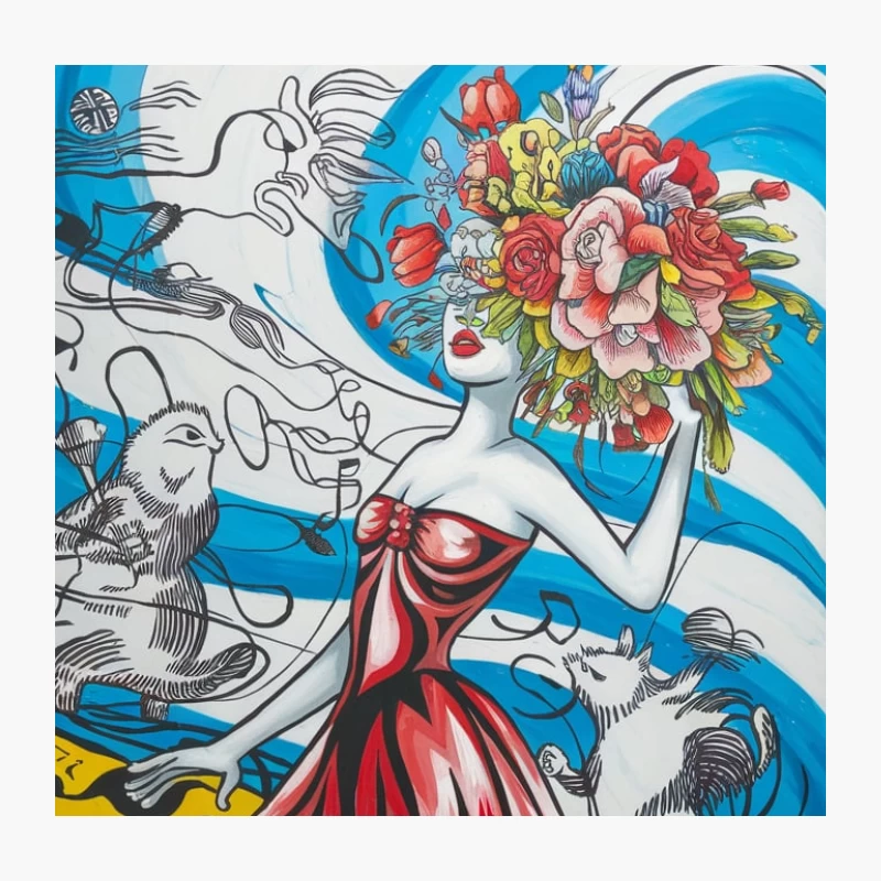 Surreal Fantasy: Vibrant Mixed Media with Flowers and Animals Throw Pillow