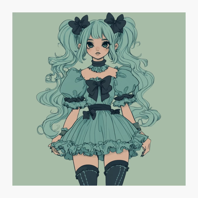Mint-Haired Gothic Lolita Anime Girl in Frilly Dress Pin