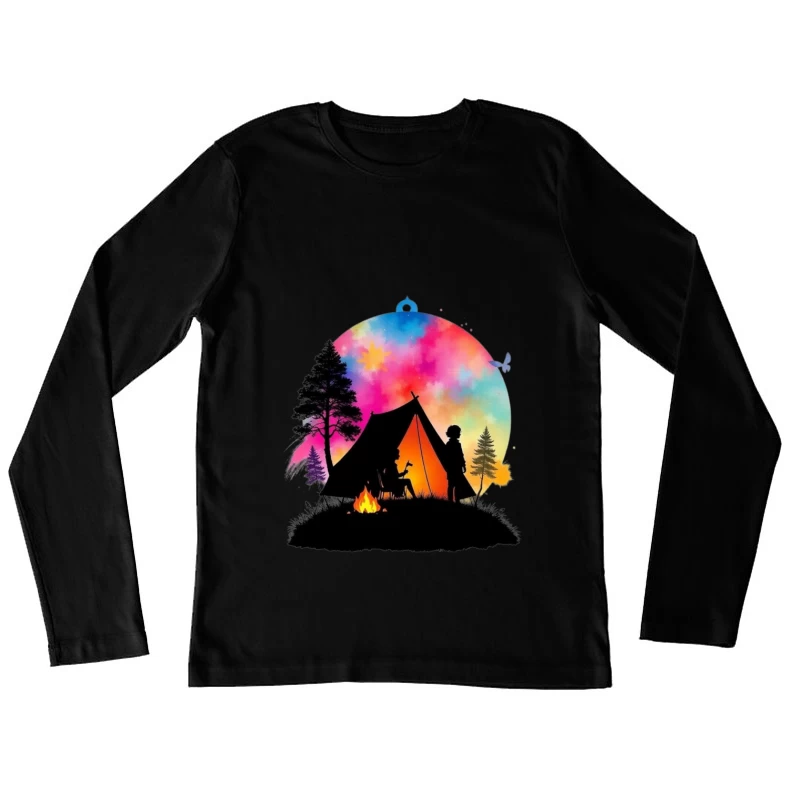 Magical Camping Night Under Colorful Aurora Sky Female Long Sleeve T-Shirt