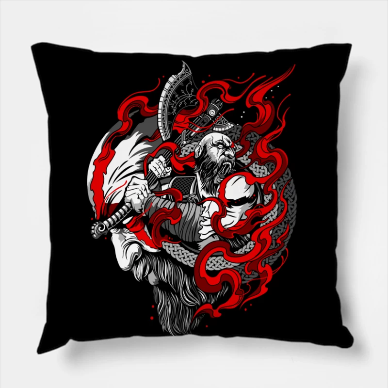 Fierce Warrior with Axe and Flames Throw Pillow