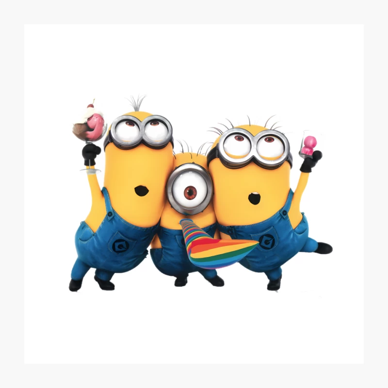 Cheerful Minions Celebrating in Blue Overalls Pin