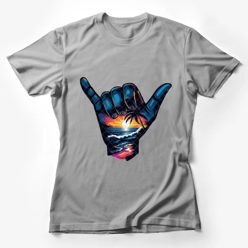 Shaka Sign with Tropical Sunset and Ocean Scene Female T-Shirt