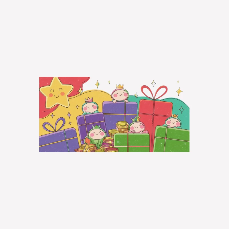 Cute Cartoon Characters Celebrate with Festive Gifts and Stars Female T-Shirt
