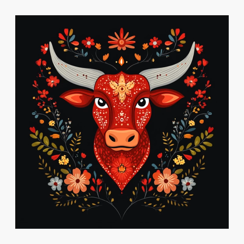 Vibrant Folk Art Bull with Floral Symmetry Pin