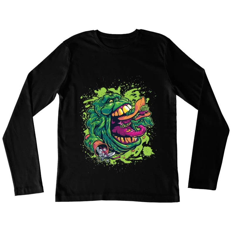 Colorful Monster Eating Food Illustration Female Long Sleeve T-Shirt