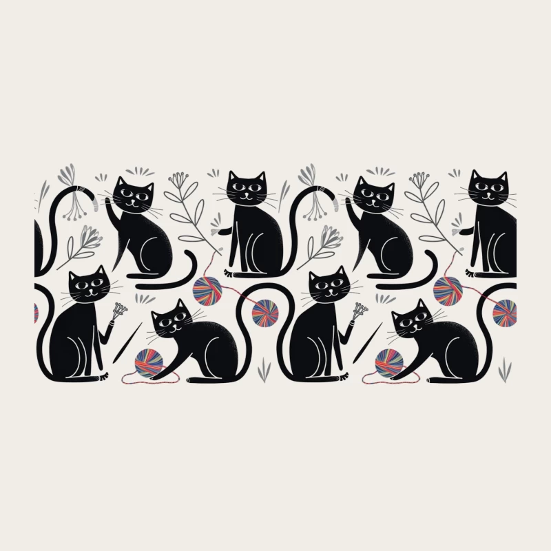 Playful Black Cats with Yarn in Whimsical Floral Pattern Bucket Hat