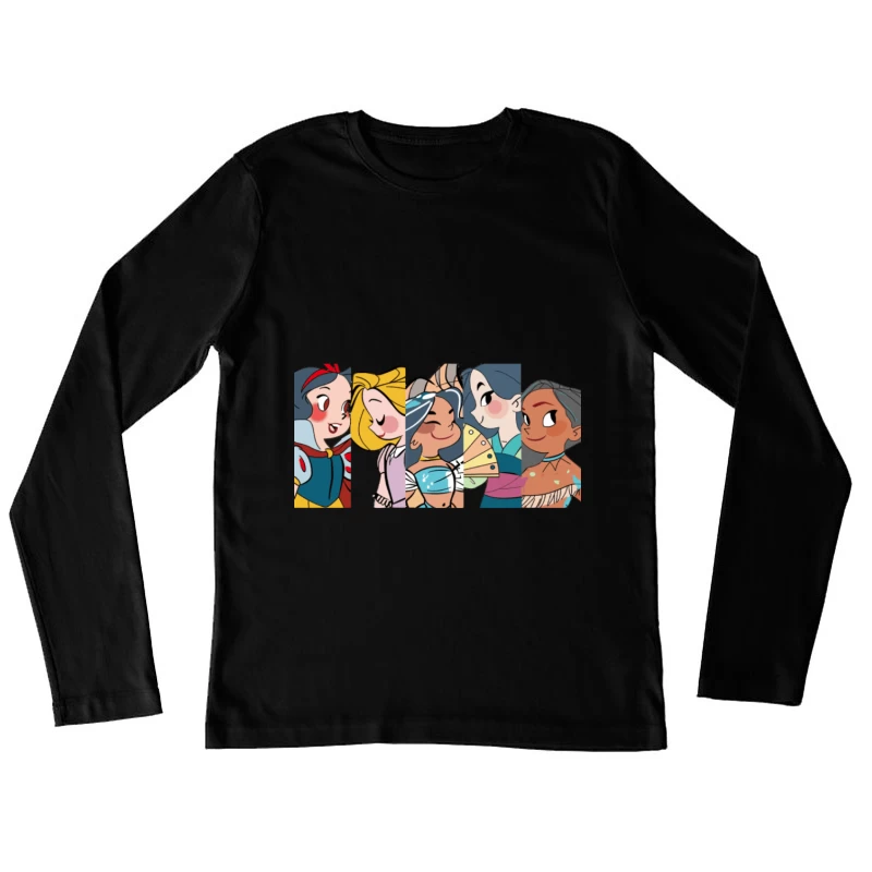 Fünf Cartoon-Prinzessinnen in einem Farbstreifen Damen Langarm T-Shirt