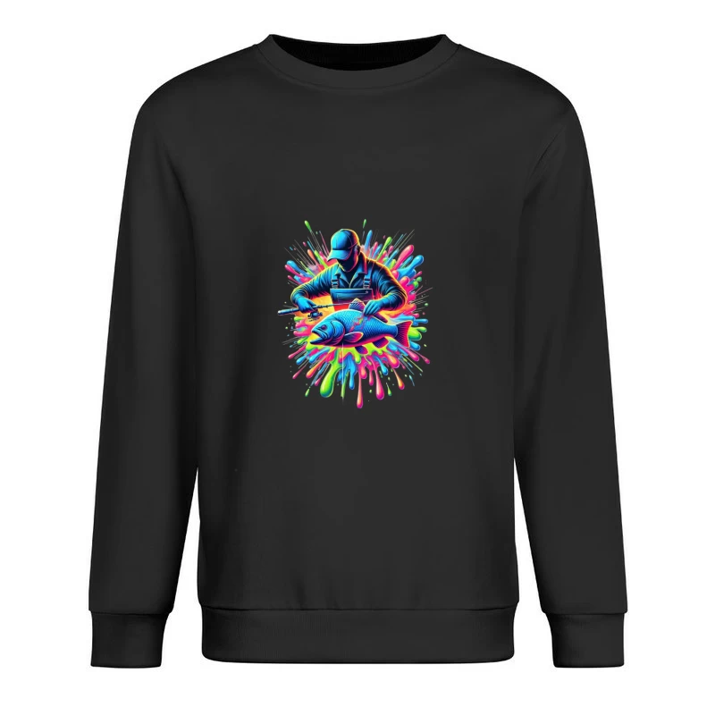 Neon Fishing Adventure Digital Art with Vibrant Color Splash Male Pullover Sweatshirt