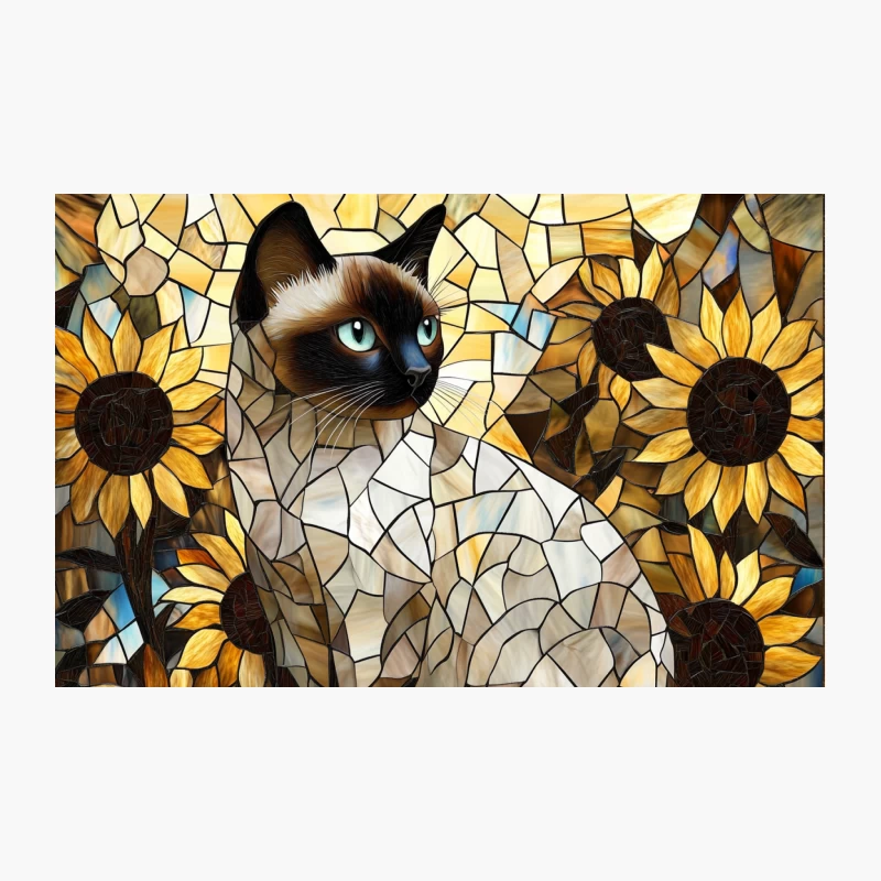 Siamese Cat Among Sunflowers in Stained Glass Mosaic Style Travel Mug