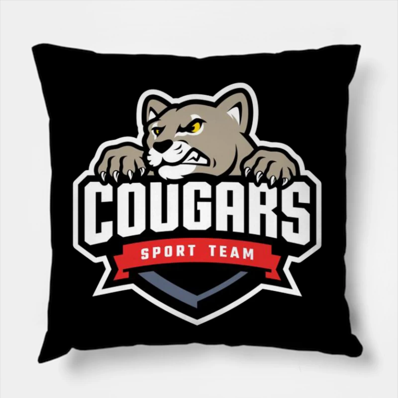 Fierce Cougar Sports Team Logo with Red Banner Throw Pillow