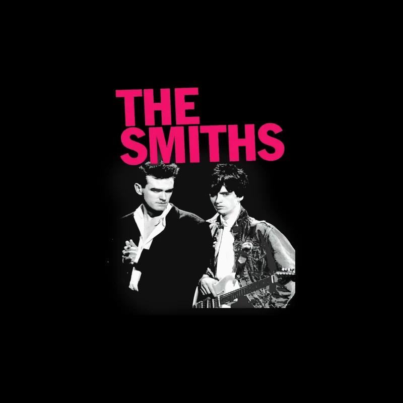 The Smiths: Iconic 1980s Indie Rock Band Portrait with Pink Logo Tapestry