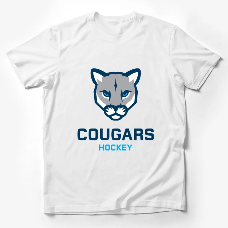 Cougars Hockey Team Logo with Blue and Gray Cougar Head Design Male T-Shirt